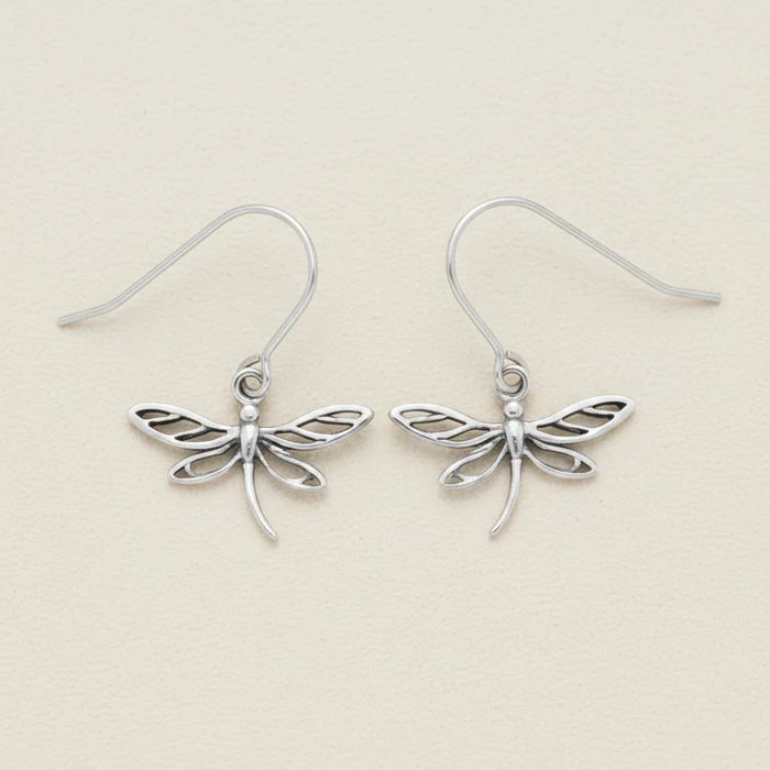 Silver dragonfly dangle earrings with delicate openwork wings and curved hooks.