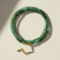 Emerald green beaded wrap bracelet/necklace with gold clasp and heart charm
