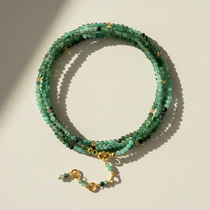 Emerald green beaded wrap bracelet/necklace with gold clasp and heart charm