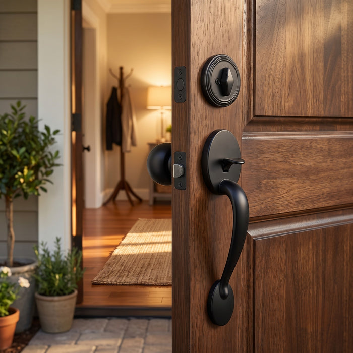 Entrance grip handle with latch and deadbolt in Matt Black