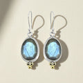 Labradorite gemstone drop earrings with silver oval setting and gold bead accents