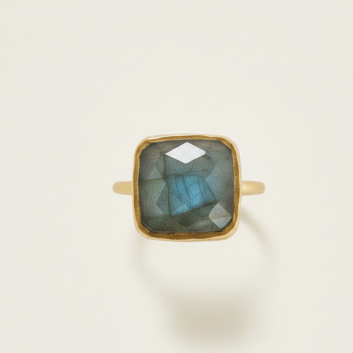 Gold vermeil ring with faceted square labradorite gemstone in thick bezel band