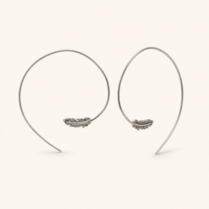 Silver feather pull-through hoop earrings with dangling feather charms