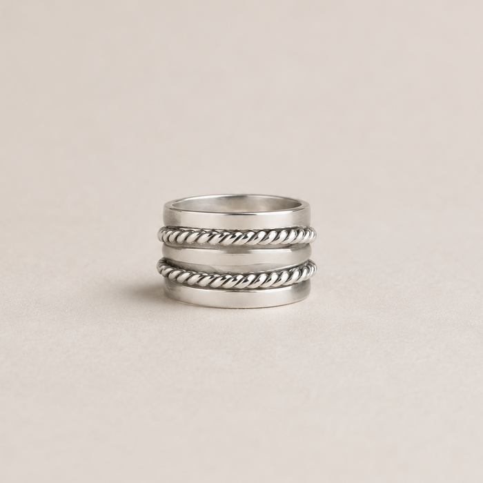 Silver-tone rope band stack ring with five twisted bands