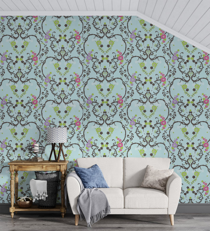 Flamenco Sky Blue Floral Design Wallpaper 320726