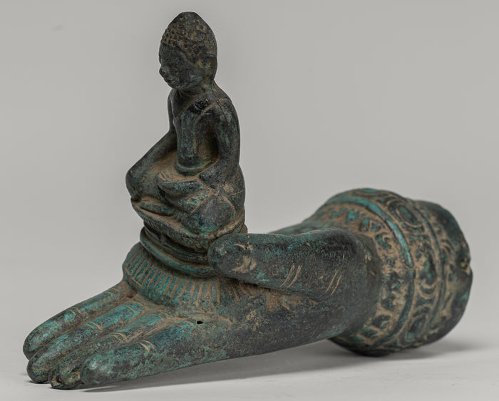 Freestanding Antique Khmer Style Bronze Hand & Buddha - 12cm/5"