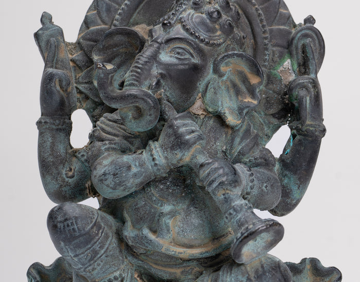 Ganesh - Antique Thai Style Bronze Seated Ganesh Statue  - 15.5cm/6"
