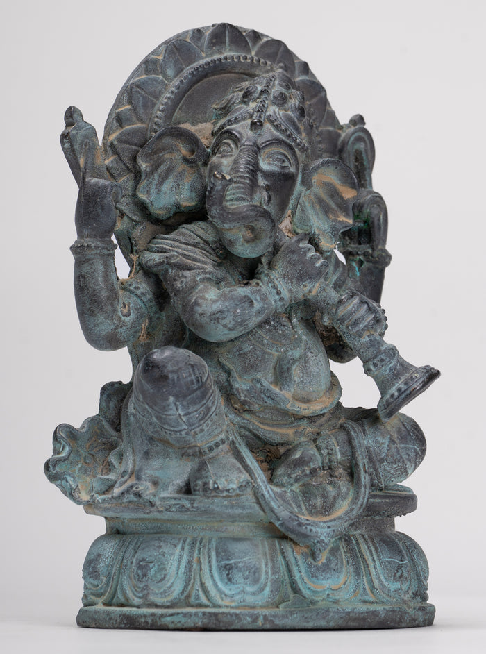 Ganesh - Antique Thai Style Bronze Seated Ganesh Statue  - 15.5cm/6"