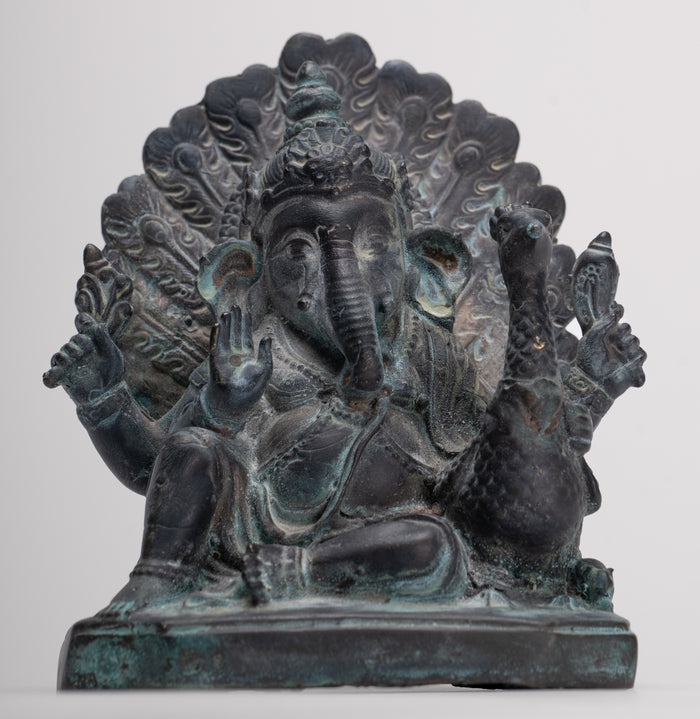 Ganesh - Antique Thai Style Bronze Seated Mayuresha Ganapathy Statue  - 13cm/5"