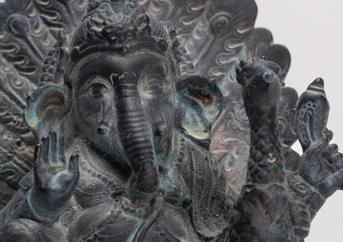 Ganesh - Antique Thai Style Bronze Seated Mayuresha Ganapathy Statue  - 13cm/5"