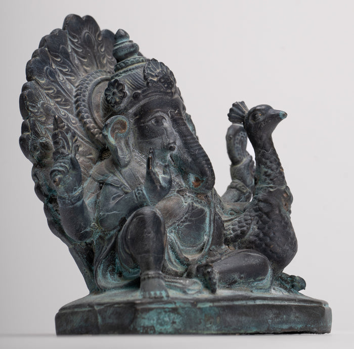 Ganesh - Antique Thai Style Bronze Seated Mayuresha Ganapathy Statue  - 13cm/5"