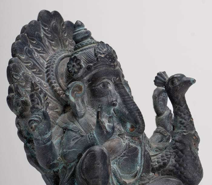 Ganesh - Antique Thai Style Bronze Seated Mayuresha Ganapathy Statue  - 13cm/5"