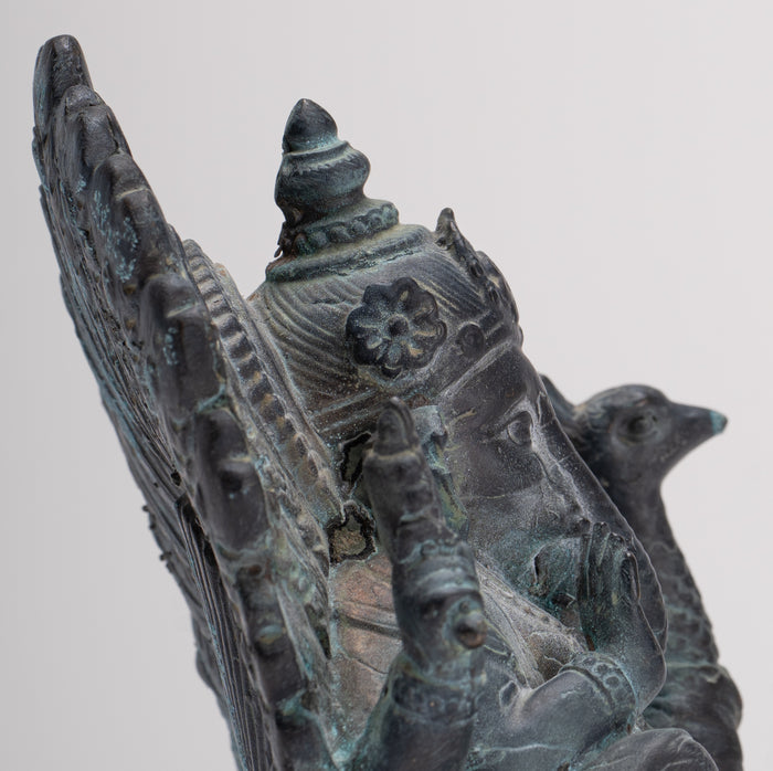 Ganesh - Antique Thai Style Bronze Seated Mayuresha Ganapathy Statue  - 13cm/5"
