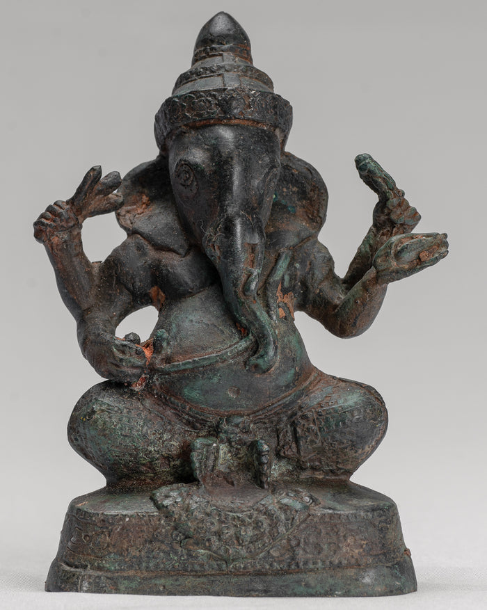 Ganesha Statue - Antique Khmer Style Seated Bronze Bayon Ganesh Statue - 14cm/6"