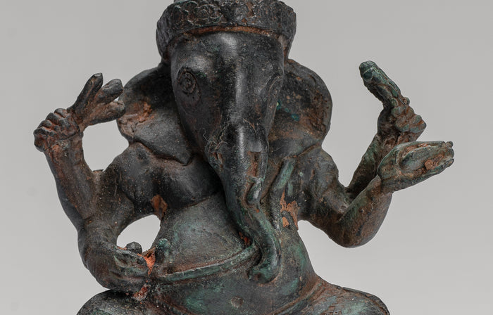 Ganesha Statue - Antique Khmer Style Seated Bronze Bayon Ganesh Statue - 14cm/6"