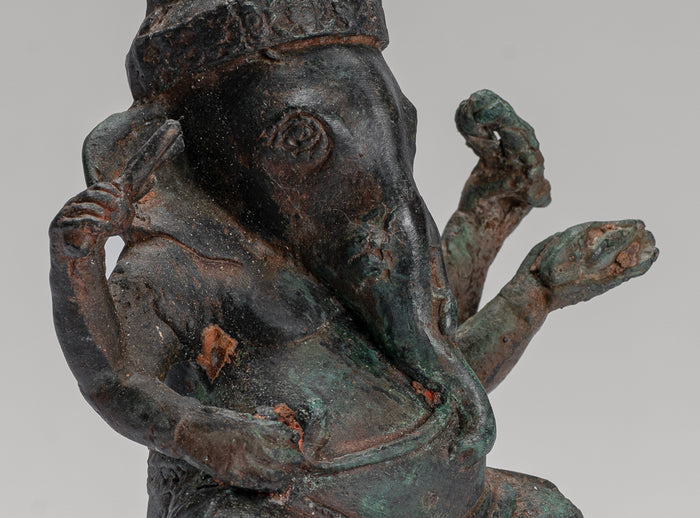 Ganesha Statue - Antique Khmer Style Seated Bronze Bayon Ganesh Statue - 14cm/6"