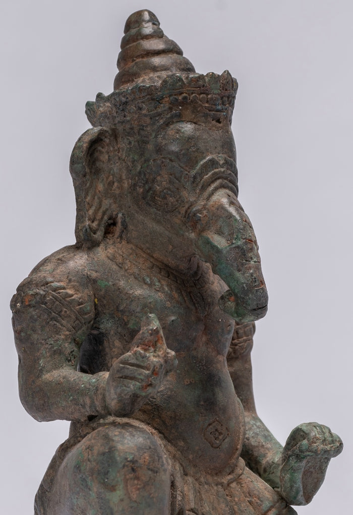 Ganesha Statue - Antique Thai Style Bronze Kneeling Ganesh Statue - 17cm/7"