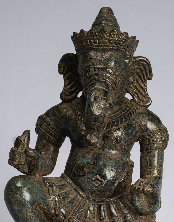Ganesha Statue - Antique Thai Style Bronze Kneeling Ganesh Statue - 18cm/7"