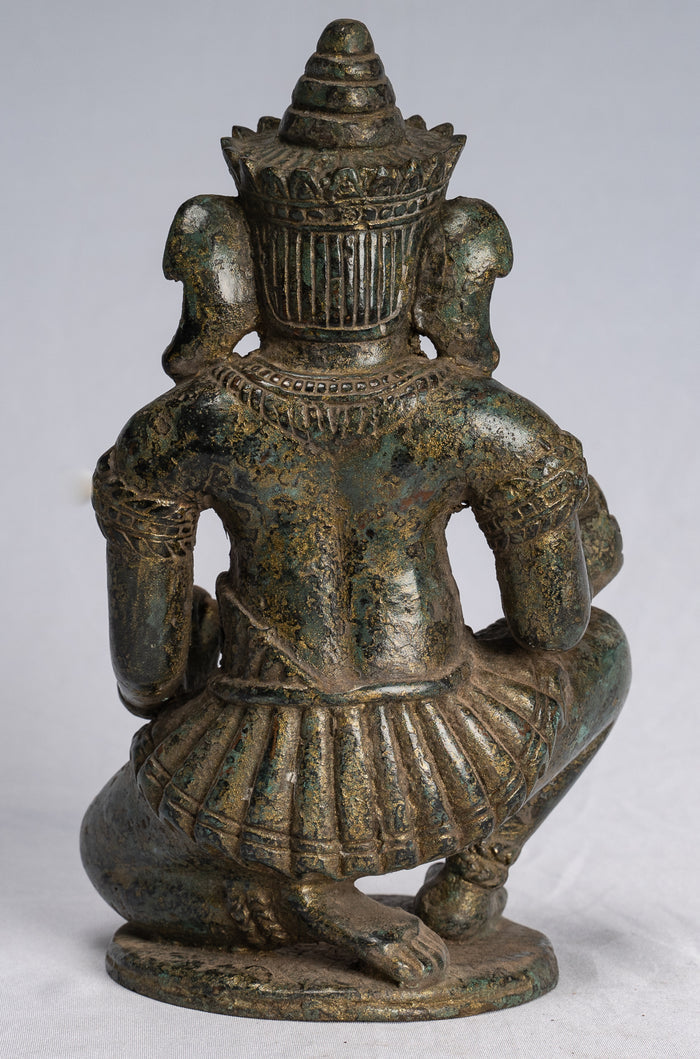 Ganesha Statue - Antique Thai Style Bronze Kneeling Ganesh Statue - 18cm/7"