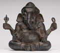 Ganesha Statue - Antique Thai Style Bronze Seated 4-Arm Ganesha Statue - 18cm/7"
