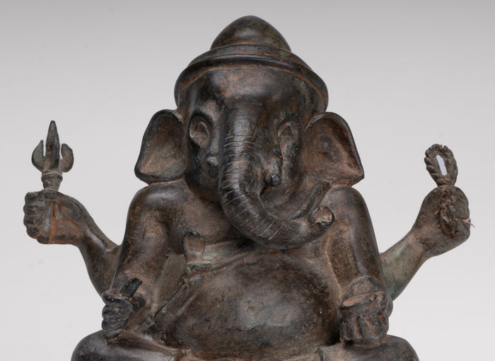 Ganesha Statue - Antique Thai Style Bronze Seated 4-Arm Ganesha Statue - 18cm/7"