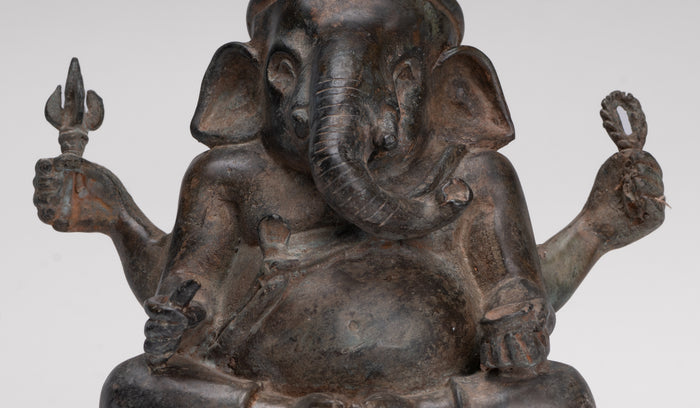 Ganesha Statue - Antique Thai Style Bronze Seated 4-Arm Ganesha Statue - 18cm/7"