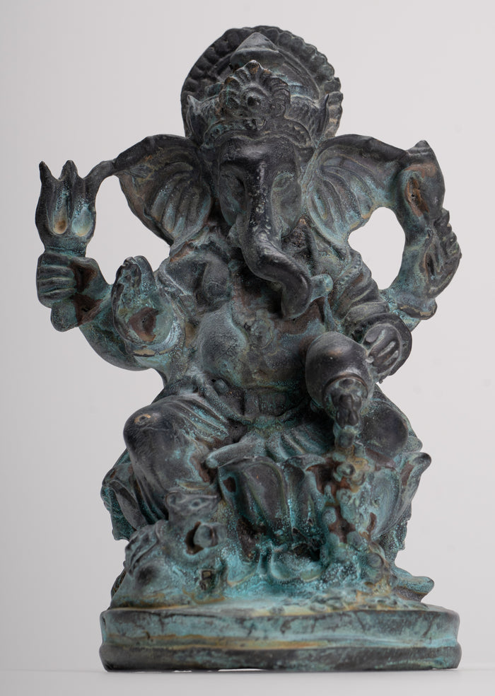 Ganesha Statue - Antique Thai Style Bronze Seated 4-Arm Vara Ganapati Statue - 15.5cm/6"