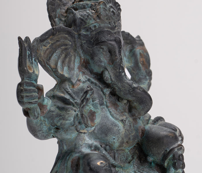 Ganesha Statue - Antique Thai Style Bronze Seated 4-Arm Vara Ganapati Statue - 15.5cm/6"