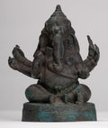Ganesha Statue - Antique Thai Style Bronze Seated 6-Arm Ganesha Statue - 19cm/8"