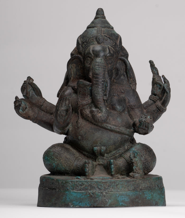 Ganesha Statue - Antique Thai Style Bronze Seated 6-Arm Ganesha Statue - 19cm/8"