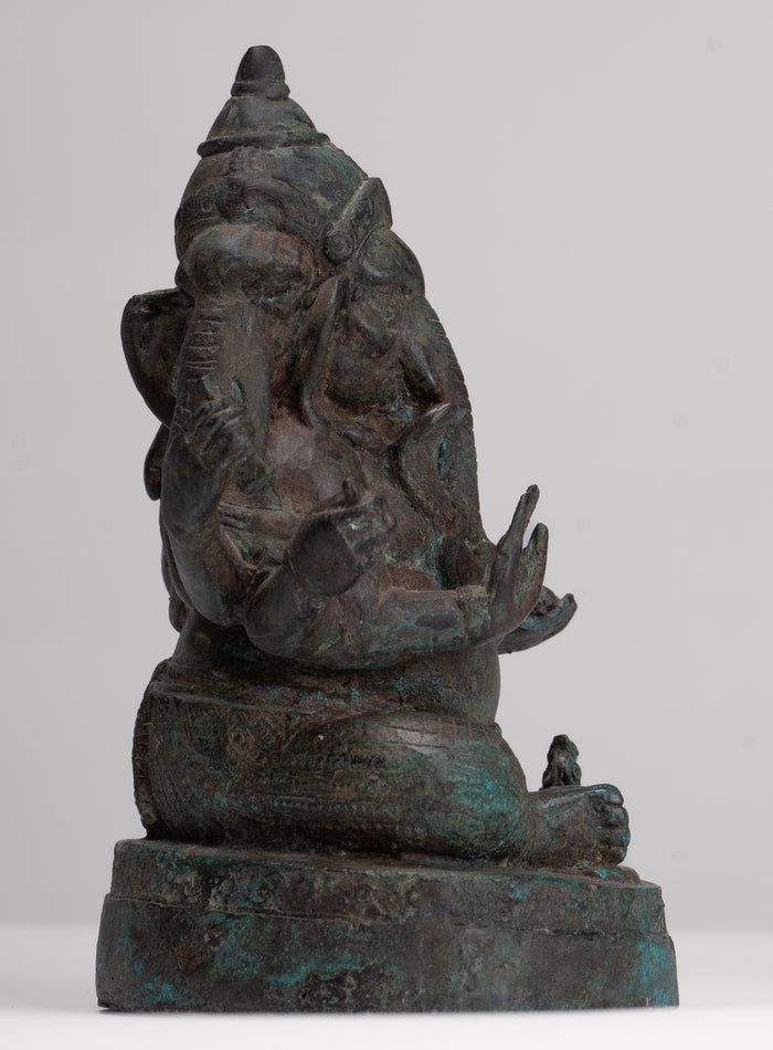Ganesha Statue - Antique Thai Style Bronze Seated 6-Arm Ganesha Statue - 19cm/8"