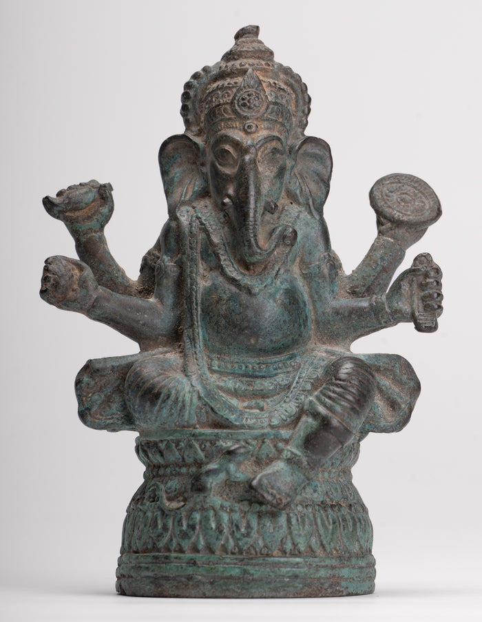 Ganesha Statue - Antique Thai Style Bronze Seated Ganesha Statue - 15.5cm/6"