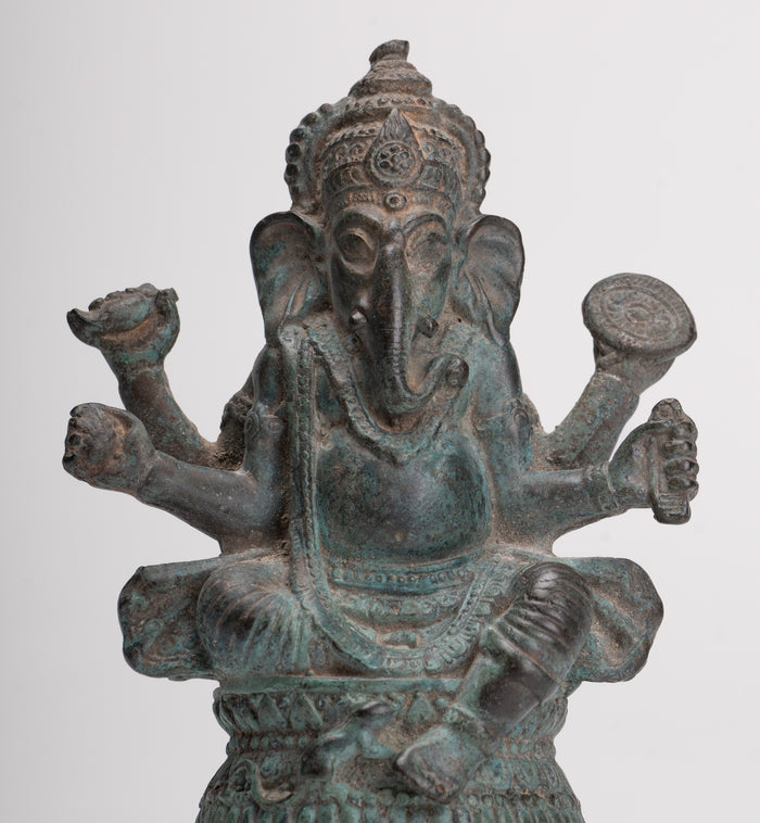 Ganesha Statue - Antique Thai Style Bronze Seated Ganesha Statue - 15.5cm/6"