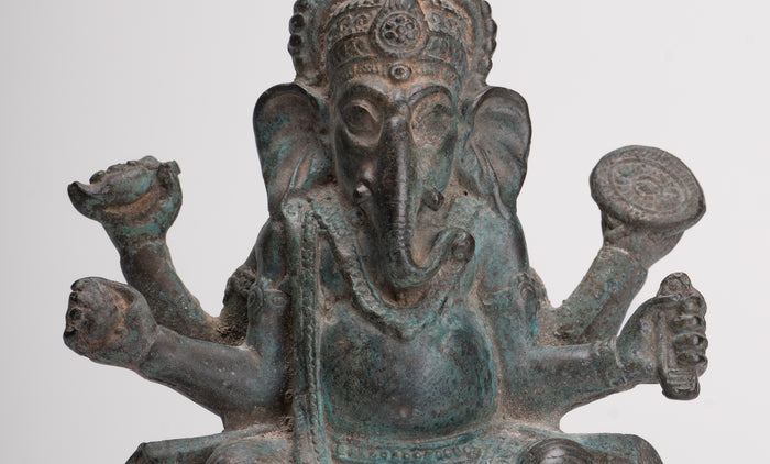 Ganesha Statue - Antique Thai Style Bronze Seated Ganesha Statue - 15.5cm/6"