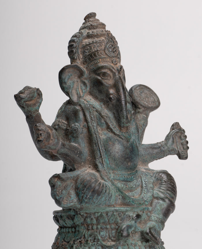 Ganesha Statue - Antique Thai Style Bronze Seated Ganesha Statue - 15.5cm/6"