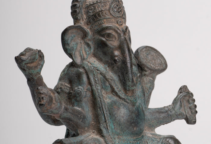 Ganesha Statue - Antique Thai Style Bronze Seated Ganesha Statue - 15.5cm/6"