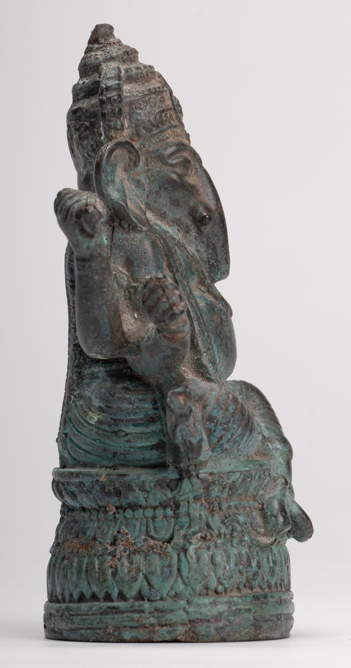 Ganesha Statue - Antique Thai Style Bronze Seated Ganesha Statue - 15.5cm/6"