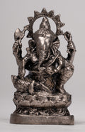 Ganesha Statue - Antique Thai Style Bronze Seated Silver Ganesha Statue - 10cm/4"