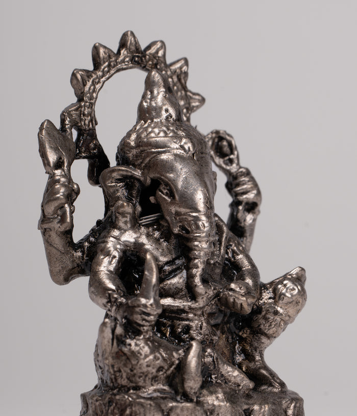 Ganesha Statue - Antique Thai Style Bronze Seated Silver Ganesha Statue - 10cm/4"