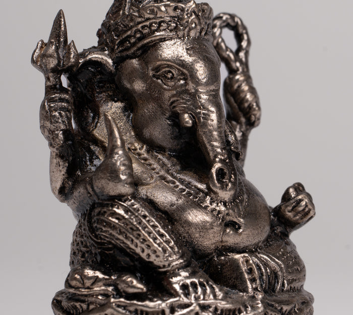 Ganesha Statue - Antique Thai Style Bronze Seated Silver Ganesha Statue - 8.5cm/3"