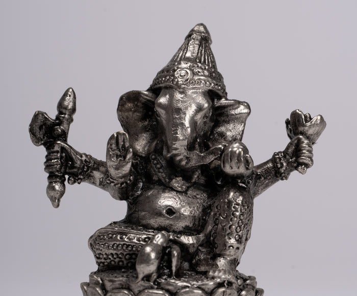 Ganesha Statue - Antique Thai Style Bronze Seated Silver Ganesha Statue - 8cm/3"