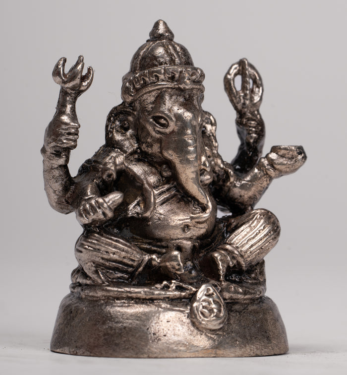 Ganesha Statue - Antique Thai Style Bronze Seated Silver Ganesha Statue - 8cm/3"