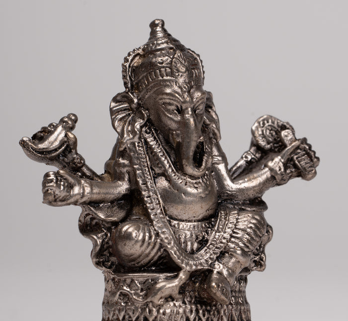 Ganesha Statue - Antique Thai Style Bronze Seated Silver Ganesha Statue - 8cm/3"