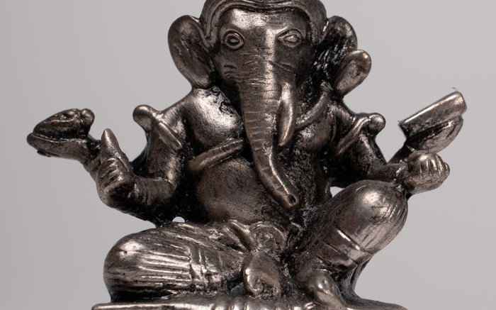 Ganesha Statue - Antique Thai Style Bronze Seated Silver Ganesha Statue - 9cm/4"