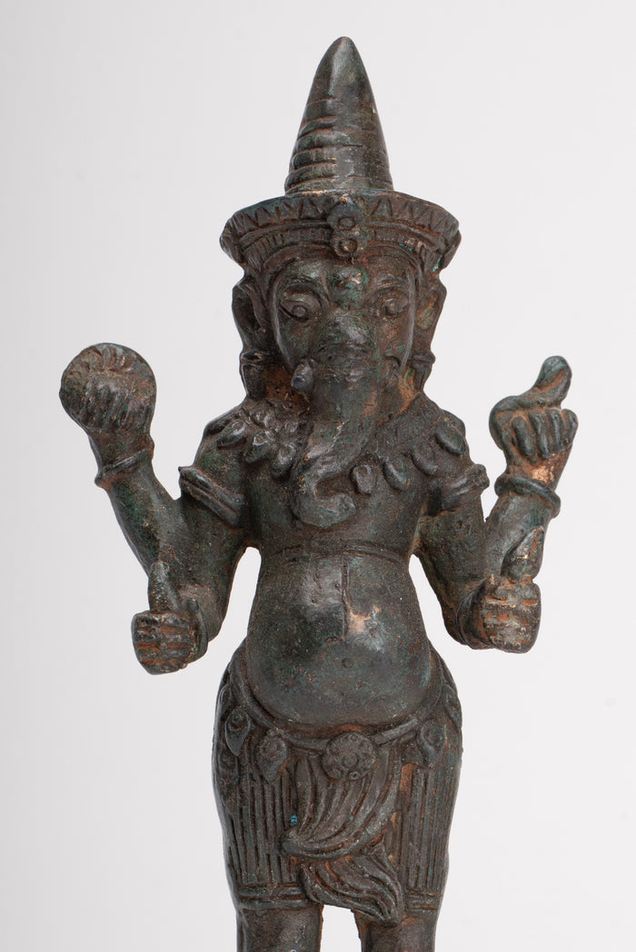 Ganesha Statue - Antique Thai Style Bronze Standing 4-Arm Ganesha Statue - 22.5cm/9"