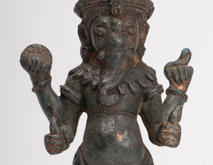 Ganesha Statue - Antique Thai Style Bronze Standing 4-Arm Ganesha Statue - 22.5cm/9"