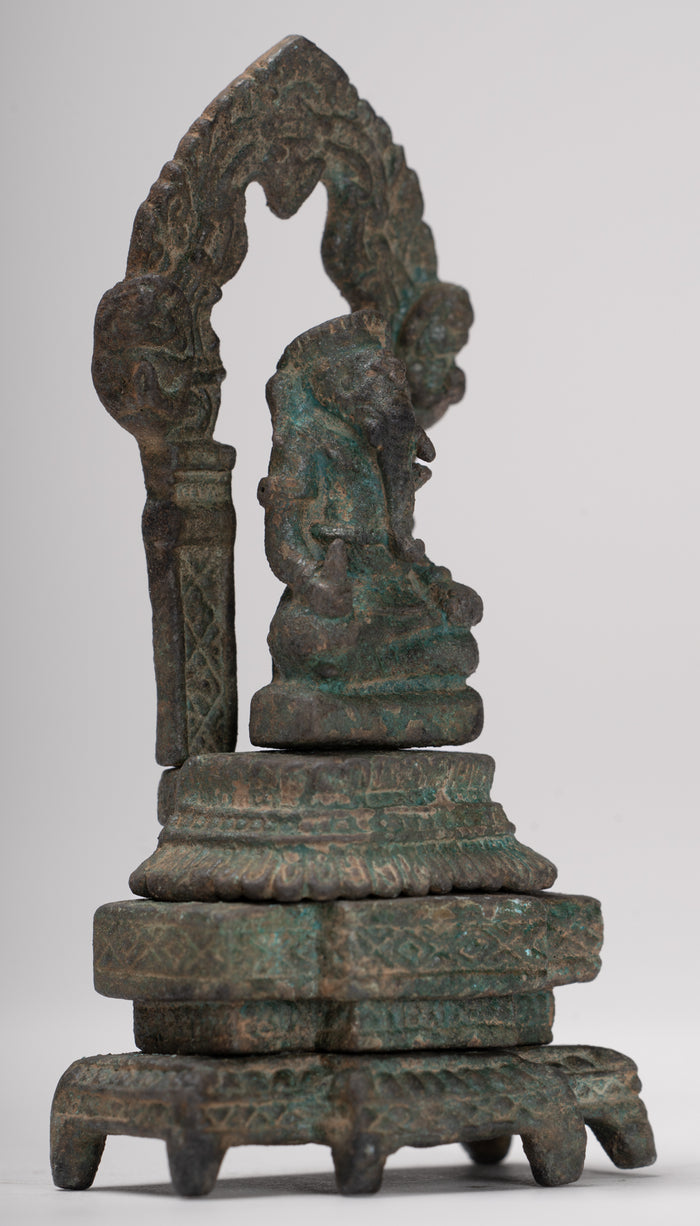 Ganesha Statue - Antique Thai Style Enthroned Bronze Seated Ganesha Statue - 11.5cm/5"