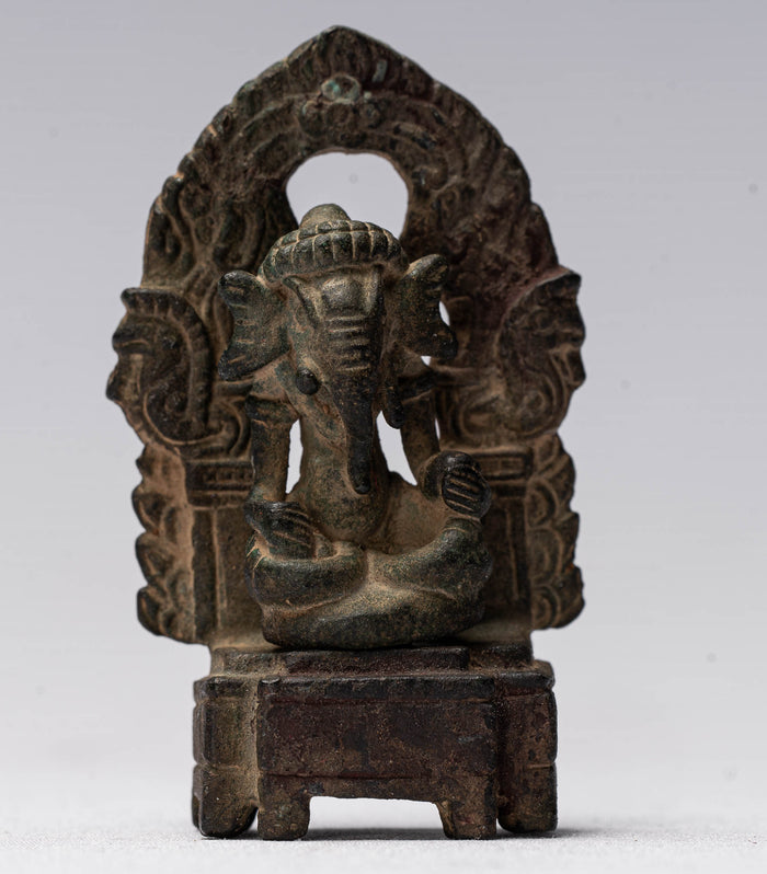 Ganesha Statue - Antique Thai Style Enthroned Bronze Seated Ganesha Statue - 6.5cm/3"