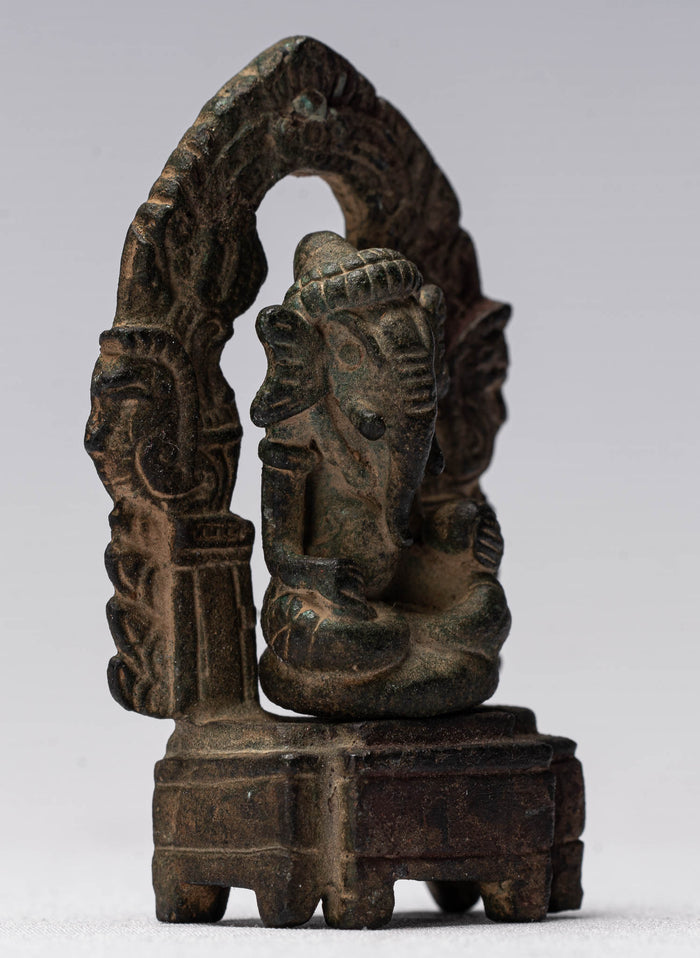 Ganesha Statue - Antique Thai Style Enthroned Bronze Seated Ganesha Statue - 6.5cm/3"