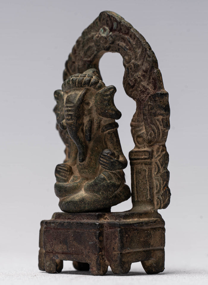 Ganesha Statue - Antique Thai Style Enthroned Bronze Seated Ganesha Statue - 6.5cm/3"